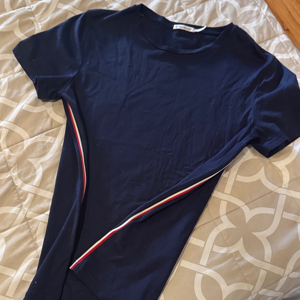 Moncler Navy Tee with Tricolor Stripe